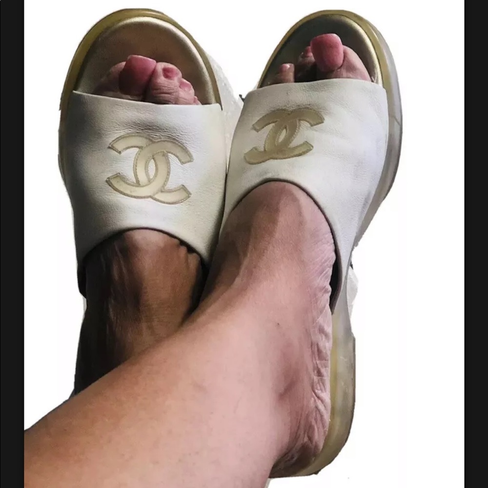 Chanel CC Logo Double C's Women Cream Tan Slip-on